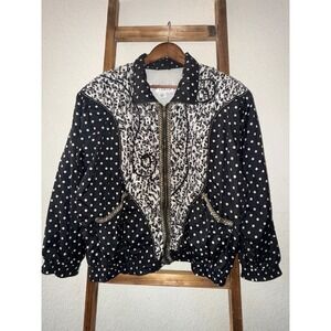 Giacca Sport Vintage Mixed Print Bomber Jacket Polka Dot Gold Trim Black White L